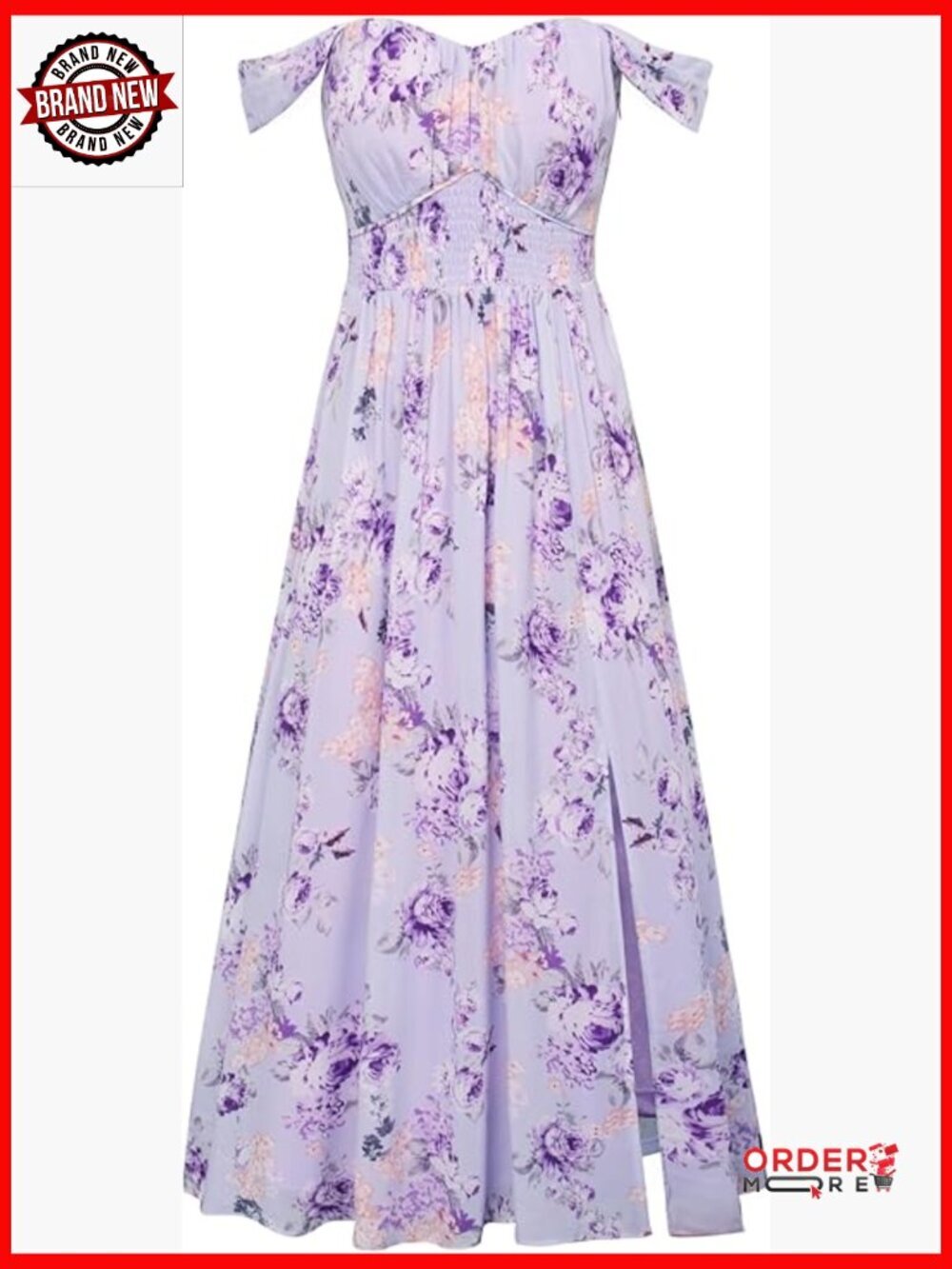 Off Shoulder Maxi Dress with Pockets, Flowy A-Line, Smocked Back, Side Slit